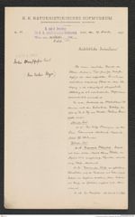 k.k. naturhistorisches Hofmuseum, Intendanzakten 1885-1896 (Hauer), Aktenzahl Z.633.a/1891, Seite 1